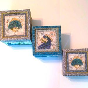 Set of 3 Punch Studio PEACOCK Decorative Nesting Keepsake Boxes New without tags